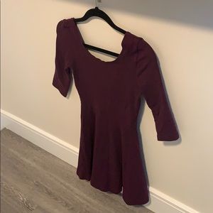Burgundy fit and flare dress.
